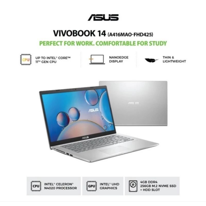 ASUS VIVOBOOK A416MAO FHD425 N4020 4GB 256SSD W11+OHS 14.0FHD BLIT SLV