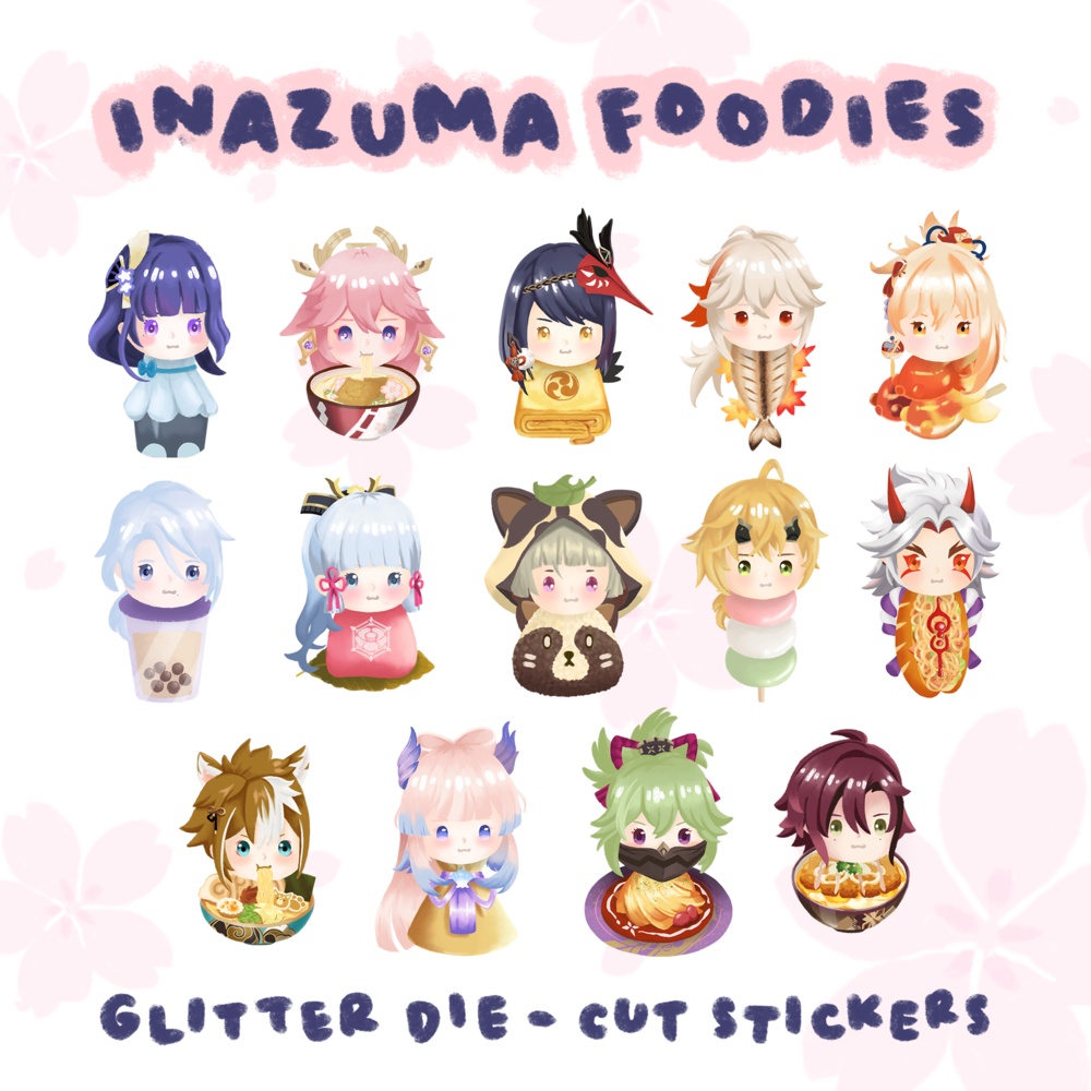 

Genshin Impact Glitter Sticker: Inazuma Foodies | Stiker Ayaka Ayato Yae Miko Raiden Shogun Yoimiya Kazuha Sayu Thoma Arataki Itto Kujou Sara Kokomi Heizou Kuki Shinobu Gorou