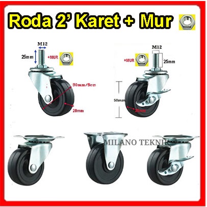 Roda karet 2 inch Plat Screw etalase troli Furniture Caster 2 inch