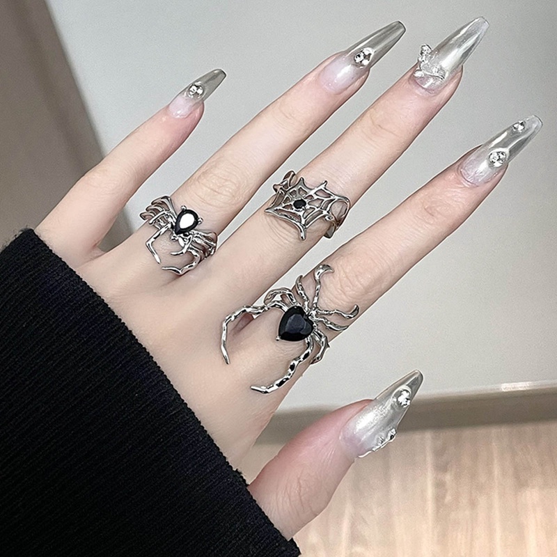 Fancyqube Cincin Model Terbuka Desain Jaring Laba-Laba Hias Kristal Zircon Hitam Gaya Gothic Untuk Wanita