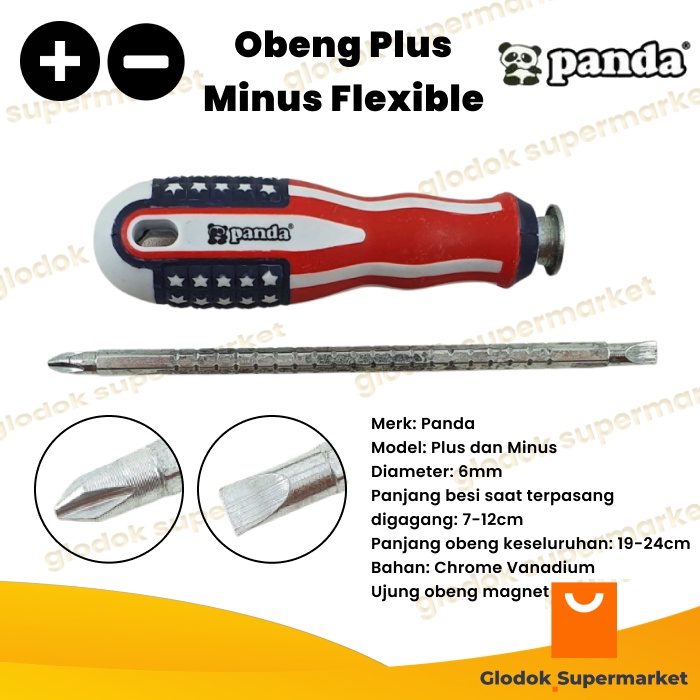 Obeng Bolak Balik Flexible Panjang 7-12cm Diameter 6mm Plus Minus Magnet Panda