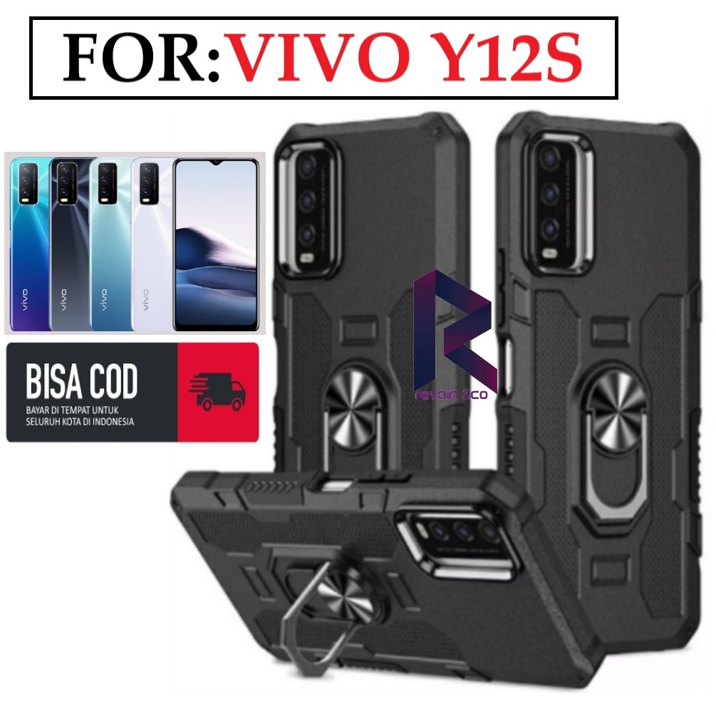 Case Armour VIVO Y12S Iring Cincin Magnetic Kesing Hp Protect kamera Premium Hard Case Standing Robot Pelindung Kamera