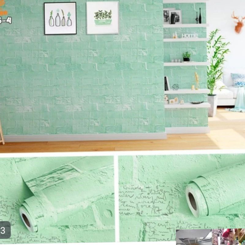 Wallpaper Stiker Dinding Motif Bata Tulis Warna Hijau Mewah Elegan Premium Modern