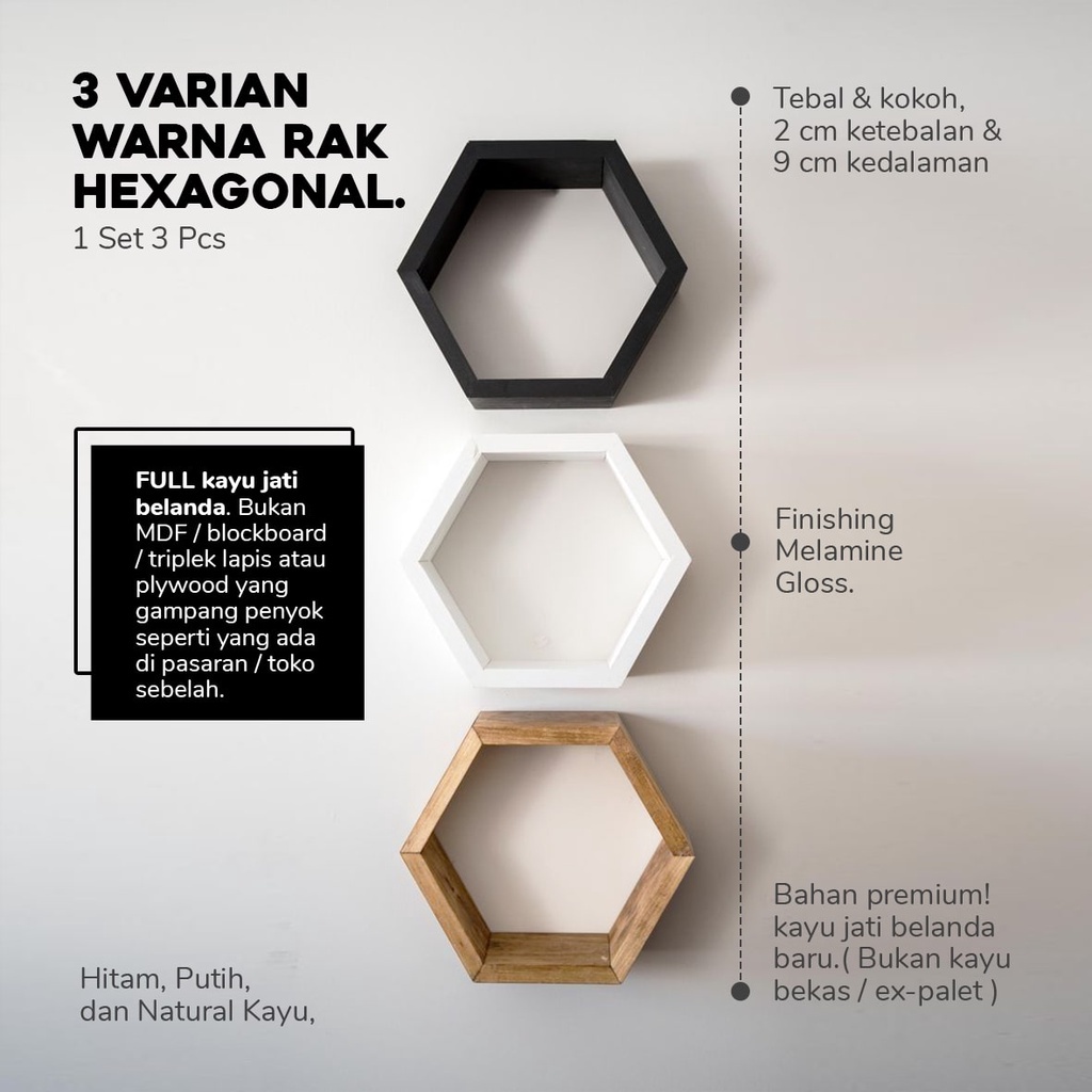 Rak Dinding Hexagonal Gantung Hiasan Tembok Dekorasi  Tempel Kamar Tidur Ruang Tamu Minimalis Kayu