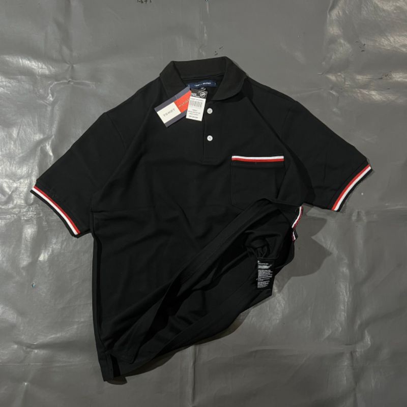 KAOS POLO TOMY HILFIGER BLACK FULL TAG LABEL CASUAL HYPE FASHION PRIA