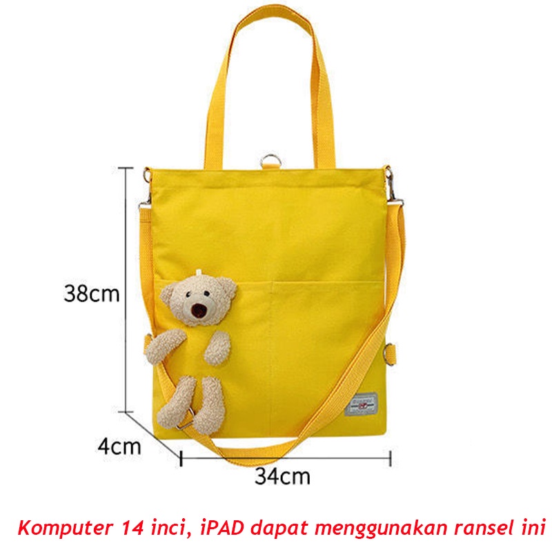 Tas kanvas wanita【COD】tote bag resleting Tas Tote Ransel  Saku Tote Bag Wanita Tas  Bahan Kanvas Penutup Resleting [【Berisi boneka beruang】