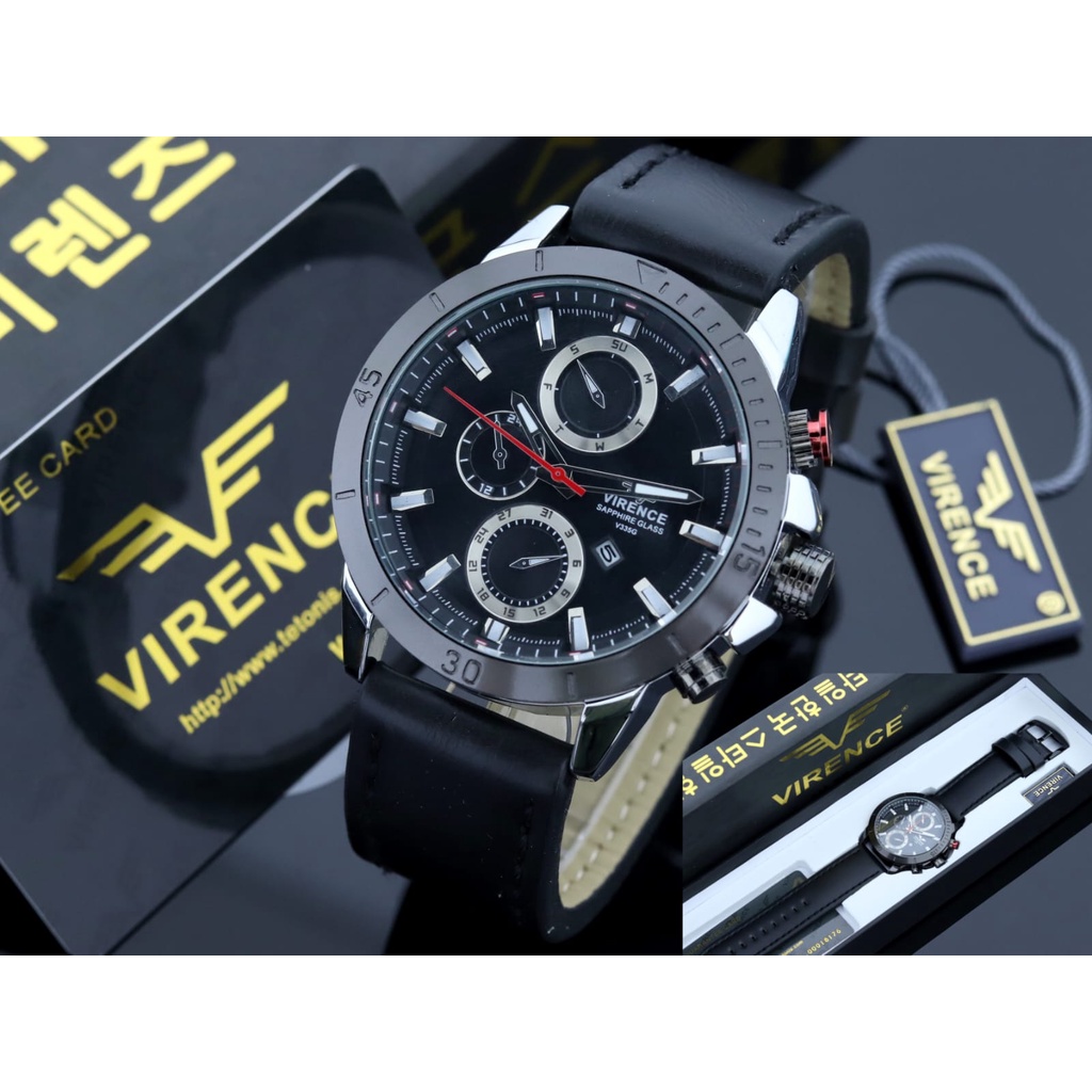 Jam tangan Pria VIRENCE V335L Original Strap Kulit  Analog Tanggal aktif Free Box Dan Kartu Garansi