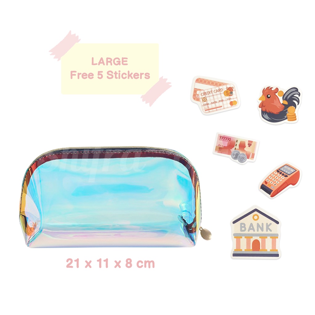 Shifra Pouch Tempat Kosmetik Mika Hologram Small Large (Free Stickers)