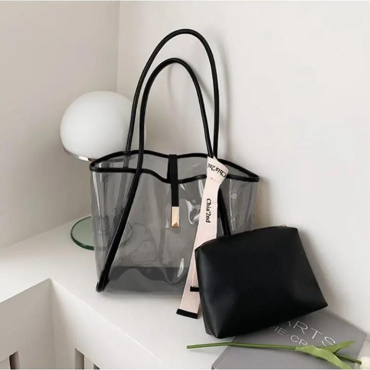 Tote Bag Wanita Florida PVC / Tas Bahu Transfaran Kombi / Fashion Bag Wanita + Pouch ( Tanpa Twily )