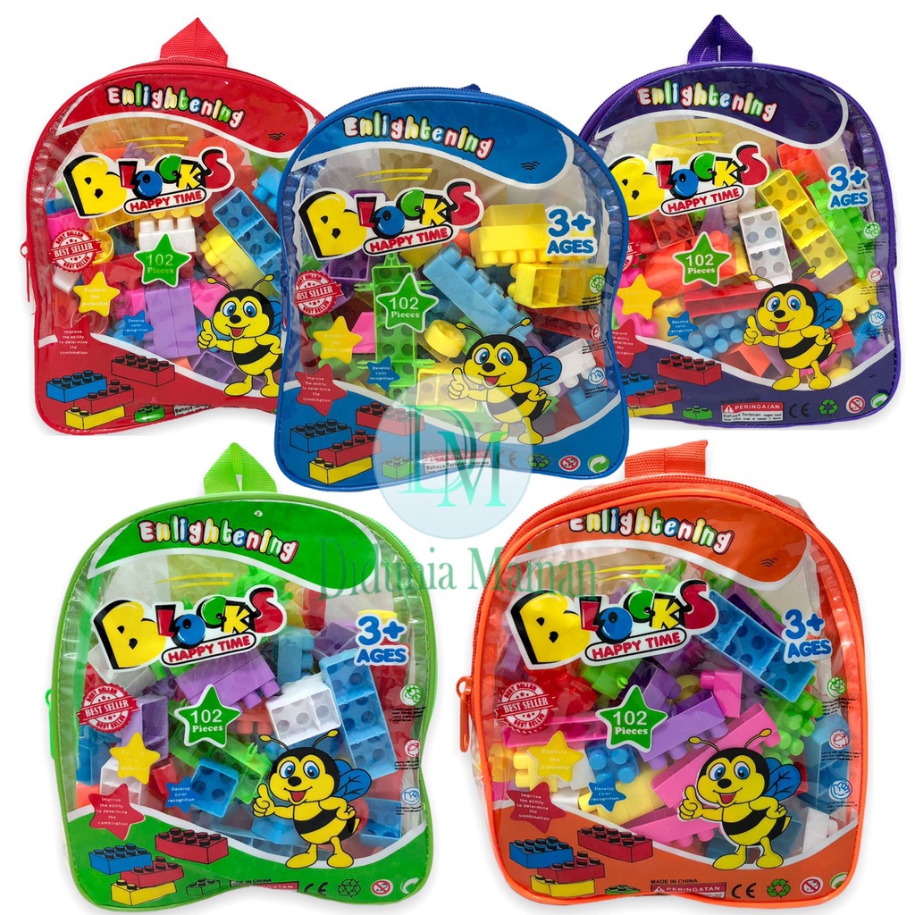 Mainan edukasi anak happy time tas balok susun bongkar pasang set building bricks block isi 102 pcs