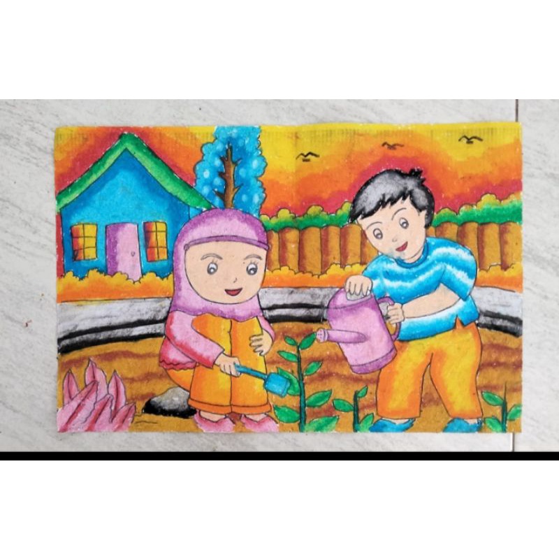 

prakarya anak sekolah gambar tema tanaman, d warni dengan crayon