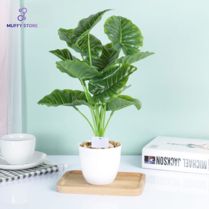 Artificial Flower Bunga Hias Buatan Tanaman Plastik Sintetis 12 Tangkai Daun Penyu dengan Pot Home D