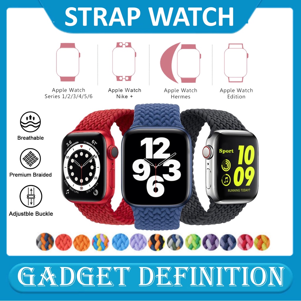 Strap NYLON BRAIDED SOLO LOOP  Tali Elastis Adjustabl iwatch Series SE 6 5 4 40mm 44mm / Strap Smartwatch T500 / U78 Plus / T600S / W46 / W46 / FT50 / F10 Tali Jam Colorfull Series 1/2/3/4 38mm 40mm 42mm 44mm / Solo Braided Loop Strap Nylon Elastic Apple