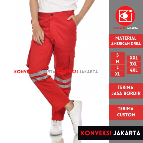 Celana Wearpack Safety K3 Proyek Tambang Pria Wanita - Celana Pakaian Seragam Werpak Kerja Bawahan Scotlite Lapangan Warna Merah