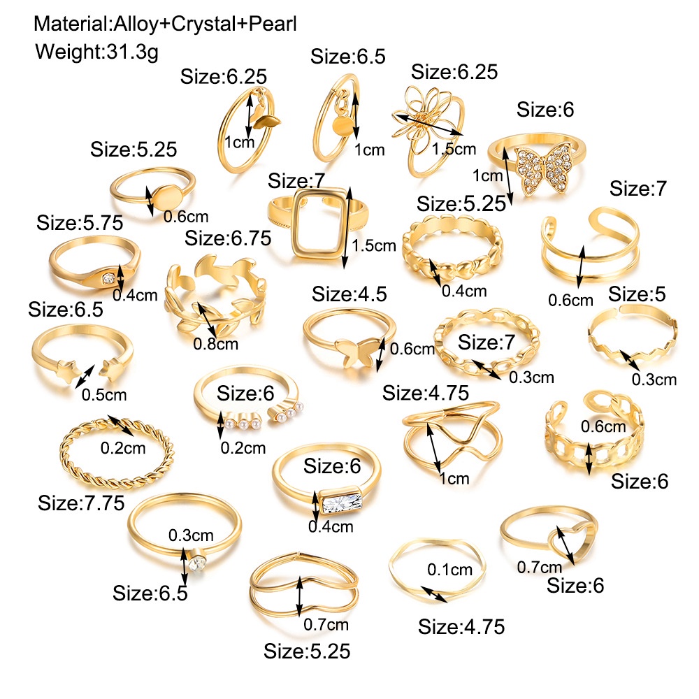 23pcs / set Cincin Bentuk Hati Kupu-Kupu Bunga Geometris Model Putar Berlapis Untuk Wanita