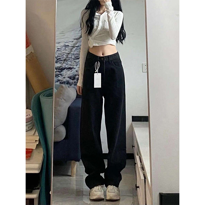 Hitam Jeans Highwaist Straight Loose Celana Jeans Wanita Import (realpict)