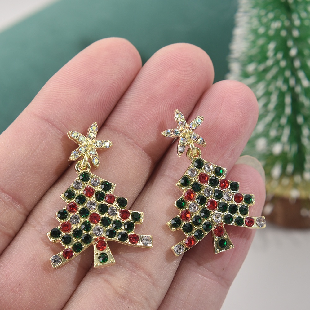 1 Pasang Anting Bentuk Pohon Natal Aksen Berlian Imitasi Warna-Warni Untuk Wanita