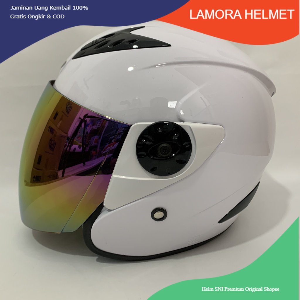 11.11 Helm Vision 2 Putih Glossy Polos Solid - Kaca Iridium Silver Pelangi Rainbow - Helm Vision - H
