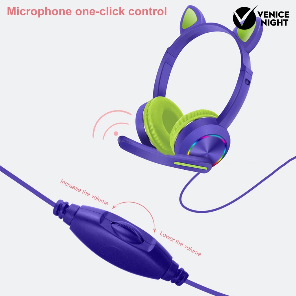 (VNEP) (Berkabel) AKZ-020 Luminous RGB Light Headphone Bentuk Telinga Kucing Lucu dengan Mikrofon