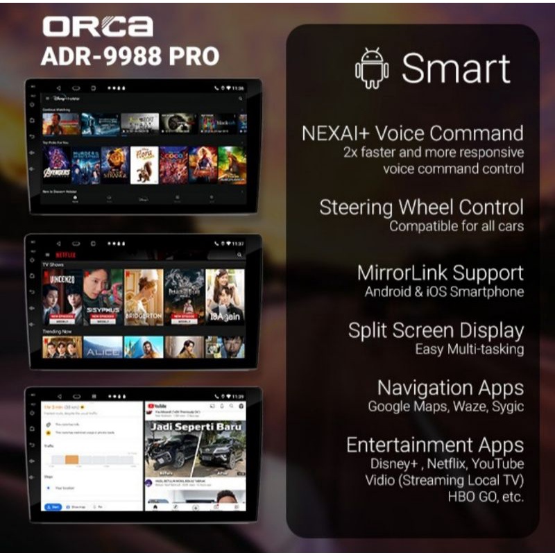 Head Unit Android 9 inch ORCA ADR 9988 PRO+ CARPLAY Ram 4 GB Rom 64 Gb