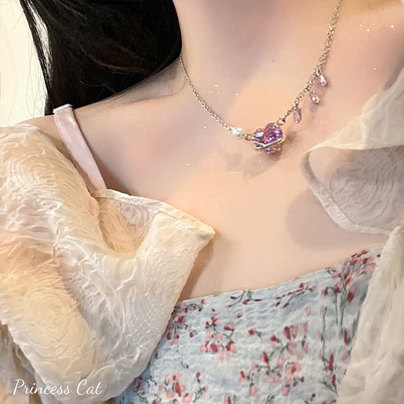 Suhao pink love zircon kalung cahaya mewah high-end desain rasa ceruk jahitan kalung manis all-match sweater rantai tulang selangka