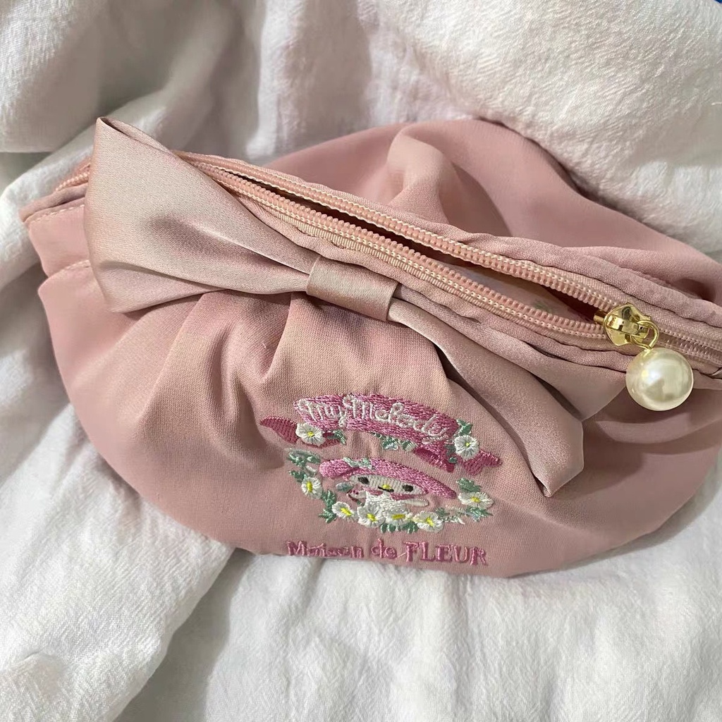 ⊙☈№Sera 2022 baru Jepang lucu berkapasitas besar kawaii Melody busur tangan membawa tas kosmetik tas penyimpanan bordir