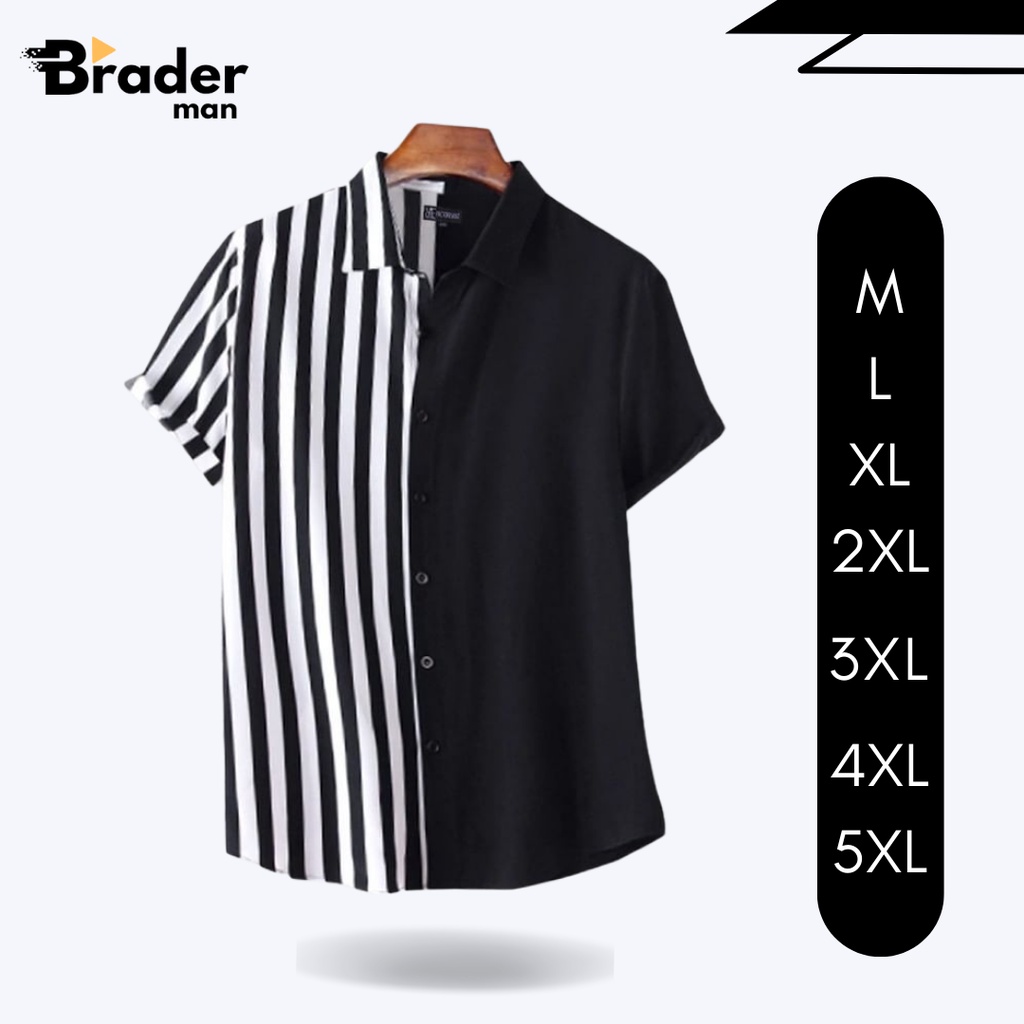 Kemeja Lengan Pendek Pria Salur Hitam Putih