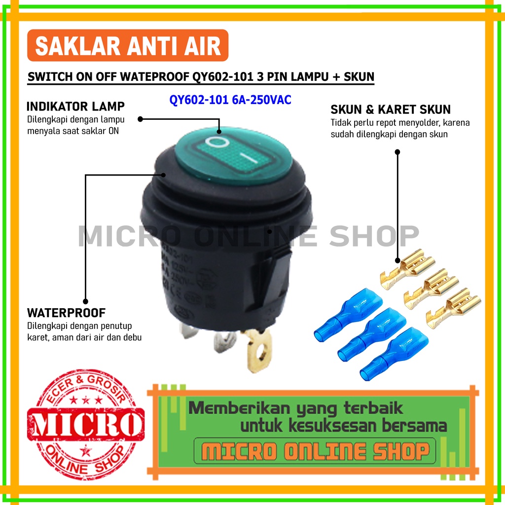 Saklar On-Off 3 Kaki Bulat Anti Air Hijau + Skun Switch On-Off Waterproof 3 Pin Saklar Lampu 3 Kaki