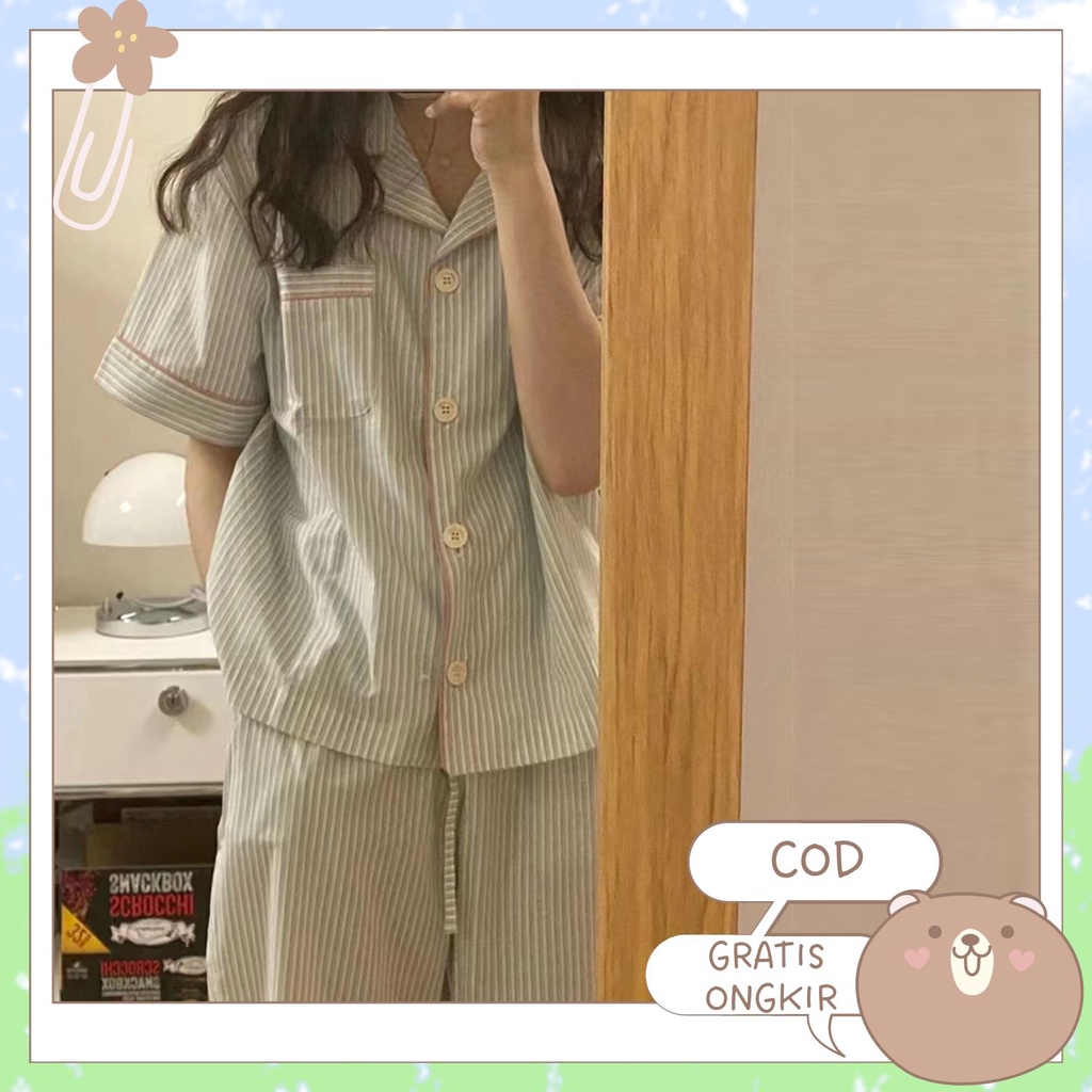 [COD] Jul Mu Sleepwear Piyama Korea Baju Tidur Korea Aesthetic Baju Tidur Lengan Pendek Wanita Piyam