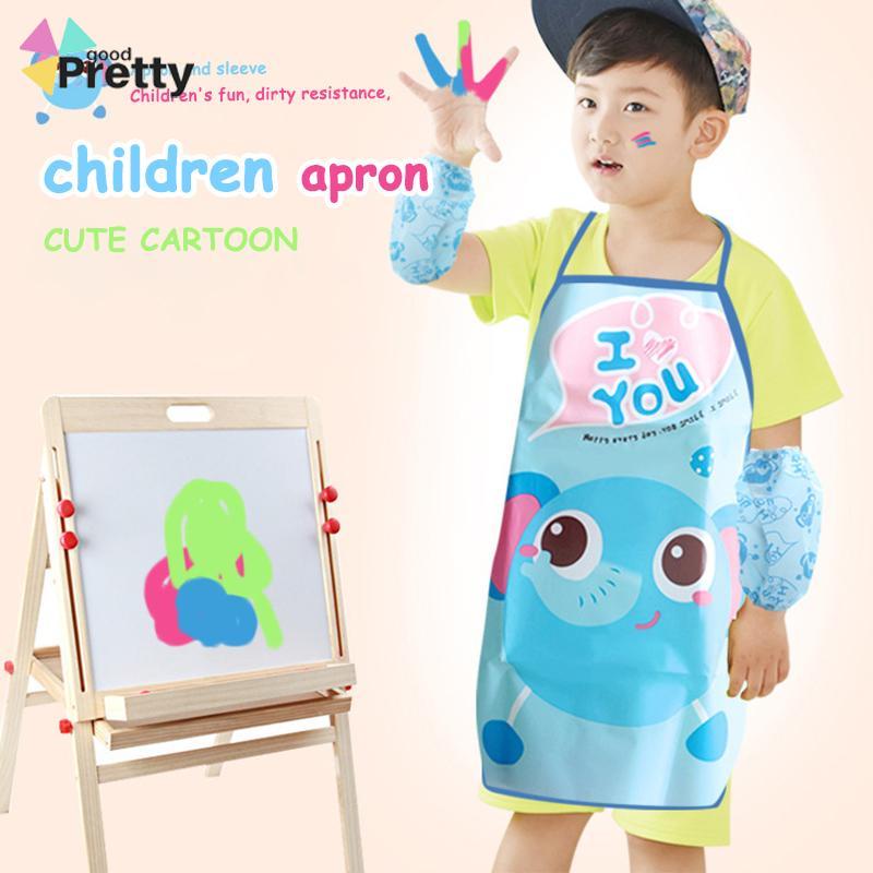 Celemek Anak/Apron Anak Anti Air Waterproof untuk Melukis Berkebun Karakter Kartun Dengan manset/Tanpa manset