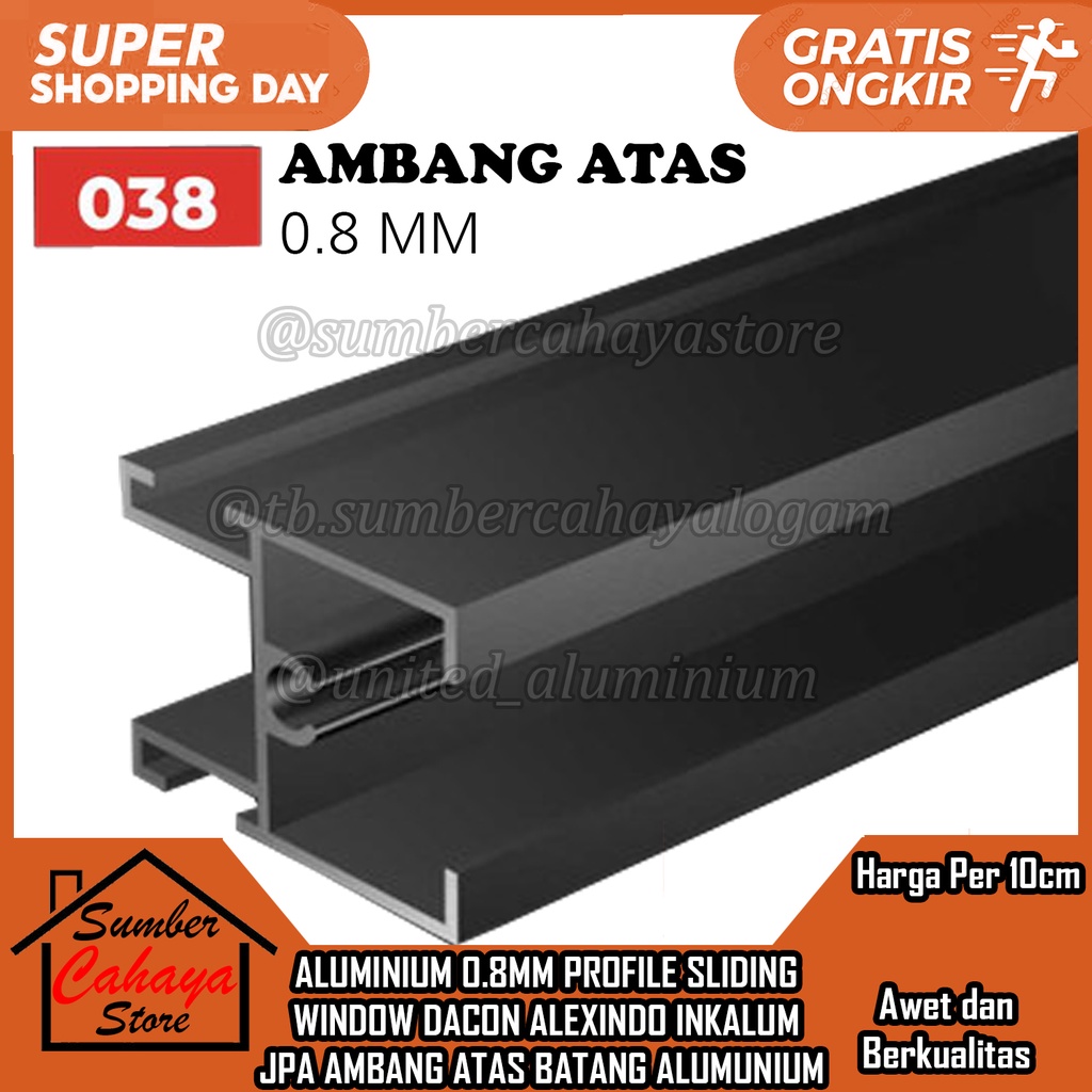 Alumunium aluminium Ambang Atas Profile 038 Sliding Window PER 10 CM JENDELA BATANGAN LONJORAN SLEDI