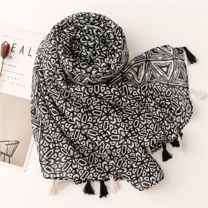 ITSFRIDAY AFSHA Scarf - Premium Pashmina Shawl Selendang Syal Pasmina Hijab Import Motif Geometri Clasic Hitam Putih