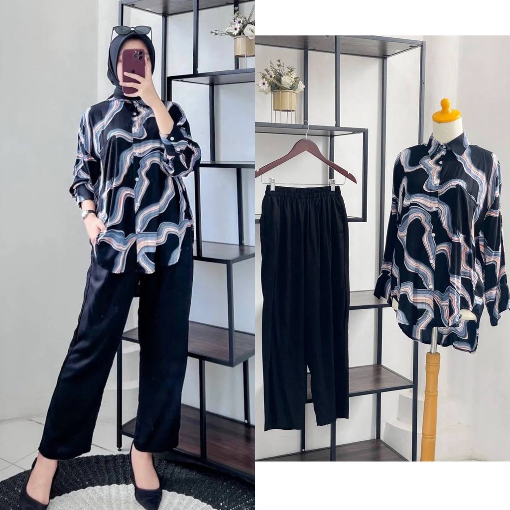 Nadine Set - One Set Wanita Kemeja Rayon Premium Setelan Baju Set Celana Panjang Kekinian LD 110 cm