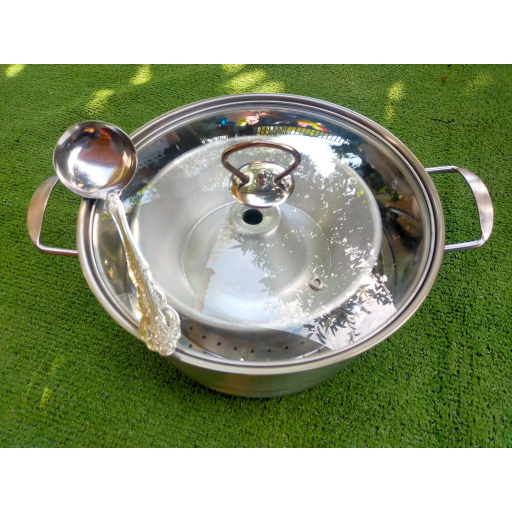 Steam pot stainless steel tutup kaca happy bird gratis cetakan kue talam 12 pcs, irus stainless &amp; loyang tulban