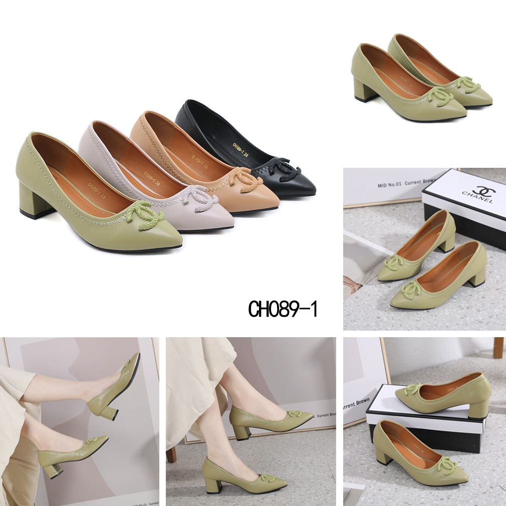 CH Leather CC Logo Block- Heel Pumps CH089-1