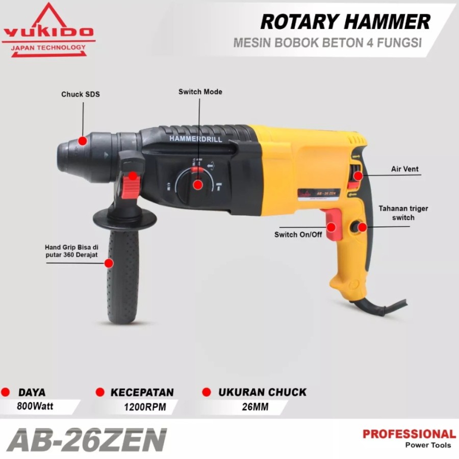 PROMO TERMURAH!!!!! MESIN BOBOK BETON YUKIDO ROTARY HAMMER/ HAMMER DRILL 26MM JAPAN TECHNOLOGY - DEKWE MERAH