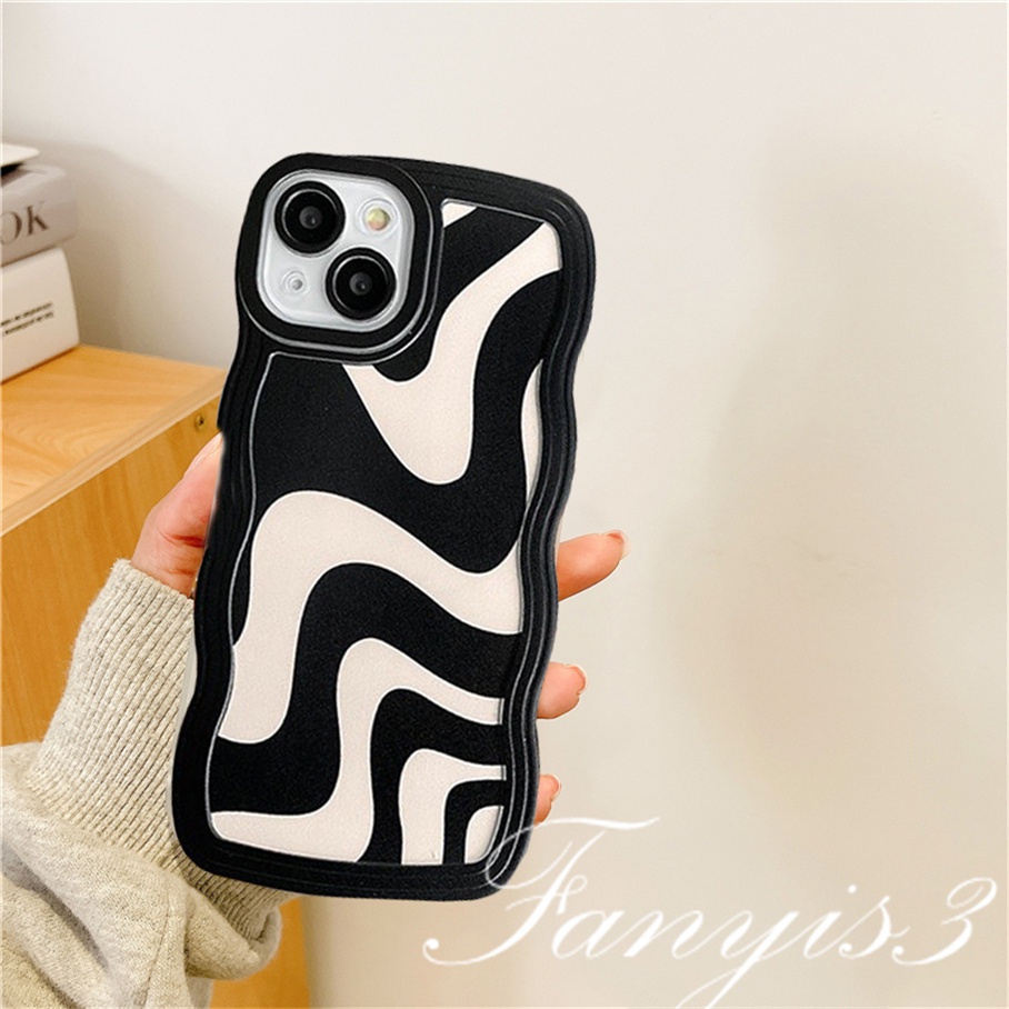 Compatible For iPhone 14 13 12 11 Pro Max X XR Xs Max 8 7 6 6s Plus SE 2020 Soft Case TPU Motif Garis Gelombang Hitam Putih Untuk