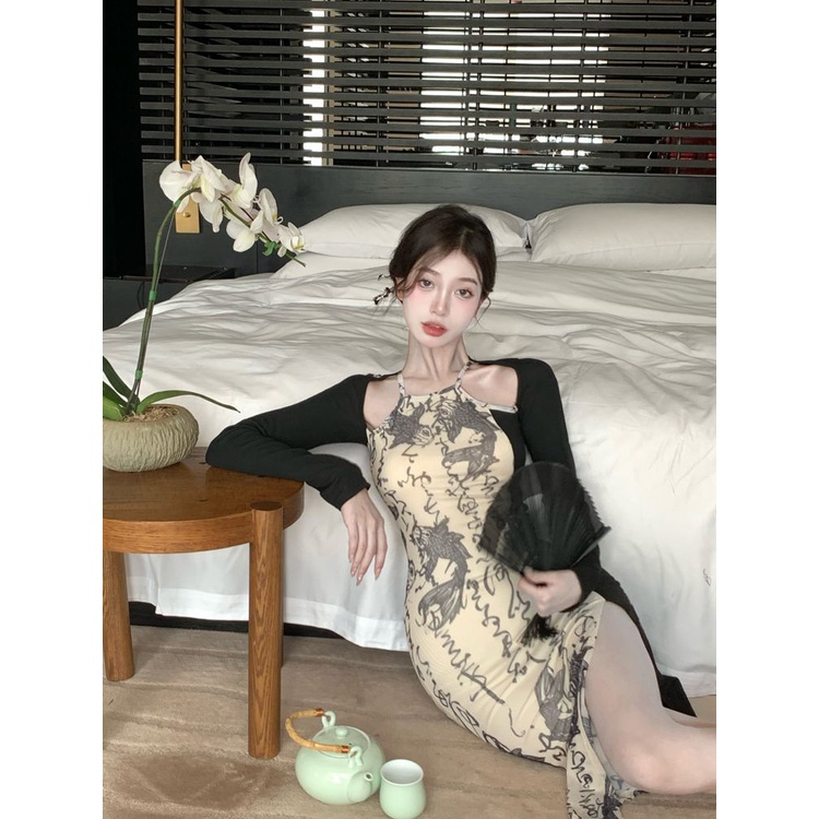 Suhao gaun keinginan murni wanita musim panas gaya Cina hot girl lengan panjang menggantung leher splicing ketat pinggul rok celah panjang