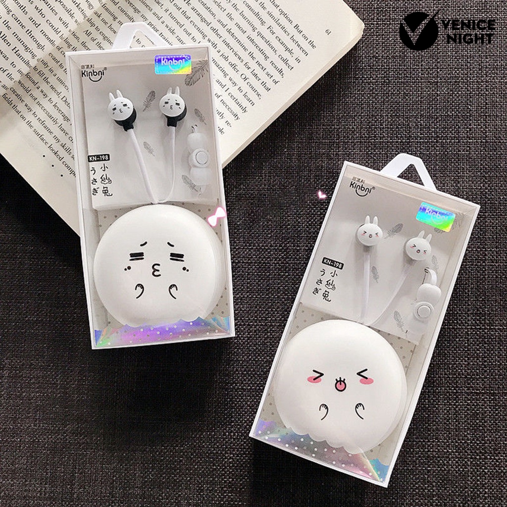 (VNEP) (Berkabel) Earphone In-ear 3D Stereo Surround Earbud Musik Kartun Lucu dengan Kotak Penyimpanan untuk Siswa