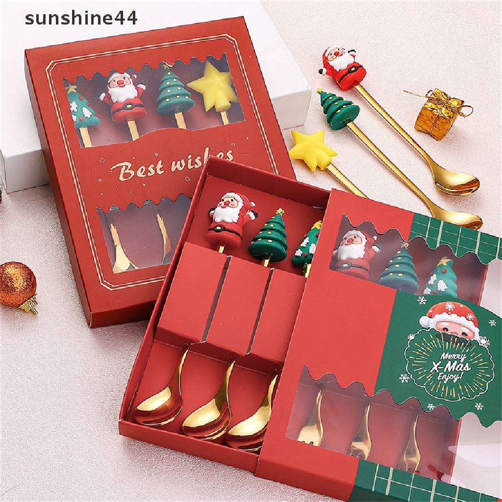 Sunshine Set Sendok + Garpu + Pisau Makan Bentuk Pohon Natal / Rusa Untuk Dekorasi / Hadiah