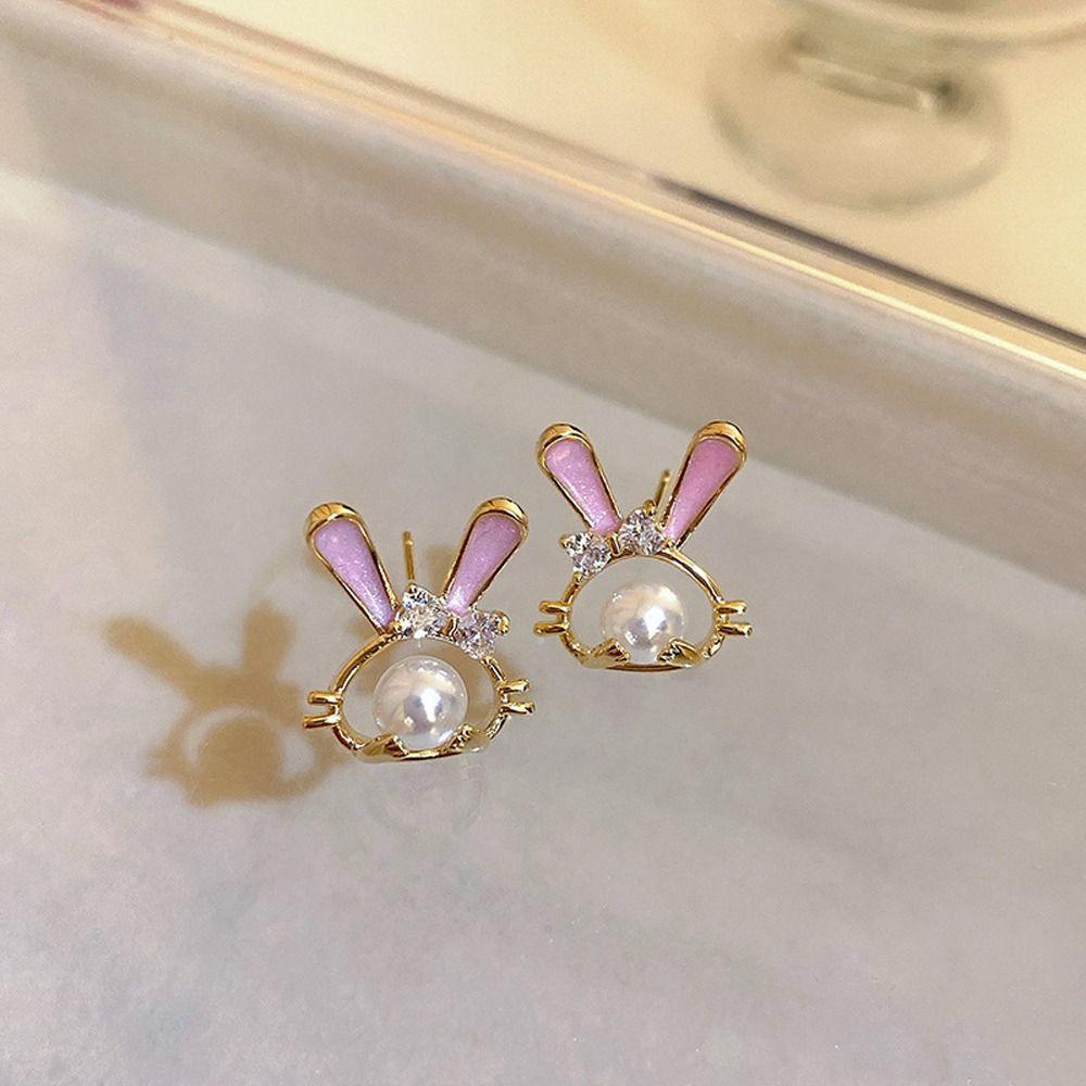 Mxbeauty Anting Wanita Elegan Manis Kartun Mutiara Desain Niche Perhiasan Fashion Kelinci Zirkon Gaya Korea Earrings