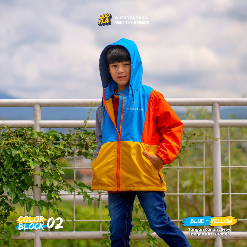 Hooflakids - Jaket Anak Hangat Windproof Tahan Angin Umur 6 sampai 12 Tahun Laki laki Bahan Parasut Waterproof Tebal Desain Color Block