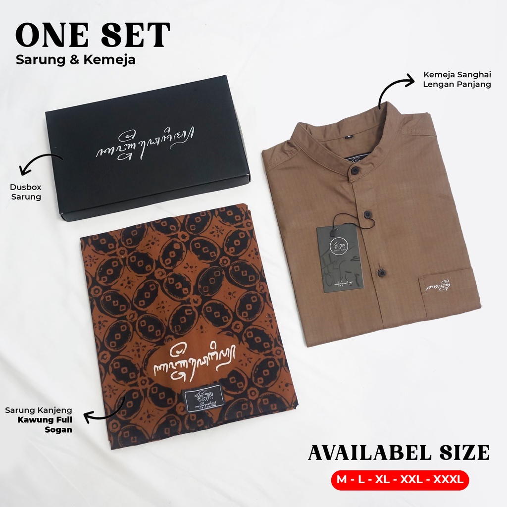 One Set Sarung Batik Motif Kawung Full Sogan + Kemeja Casual Lengan Panjang CF