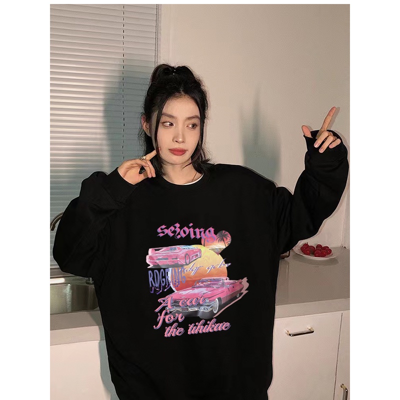 sweter wanita sweater oversize putih retro wanita korean style atasan baju wanita kekinian/American Vintage Girl Cartoon Graphic Priting