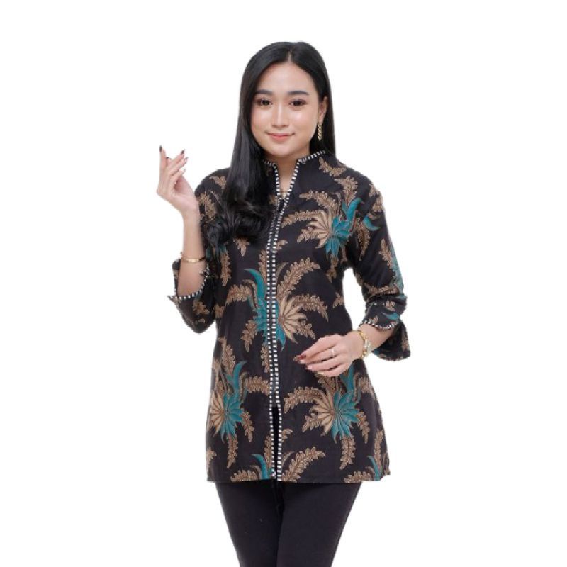 Batik atasan blus zipper depan wanita | Kemeja batik wanita lengan 3/4