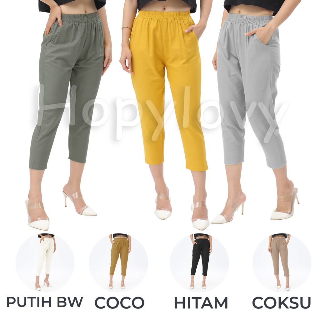 HOPYLOVY - Celana Panjang Wanita 7 per 8 bahan Katun Rami / Celana Wanita bahan Linen