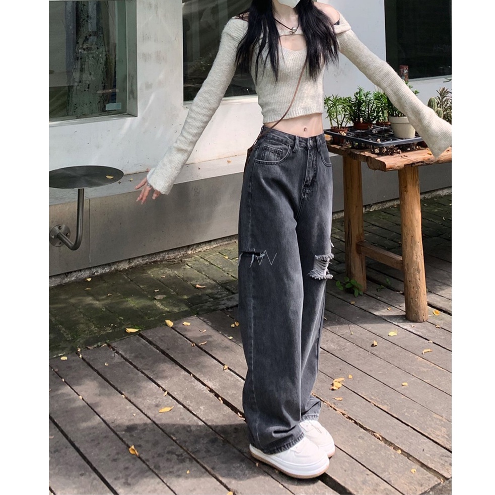 celana jeans panjang wanita robek highwaist fashion premium