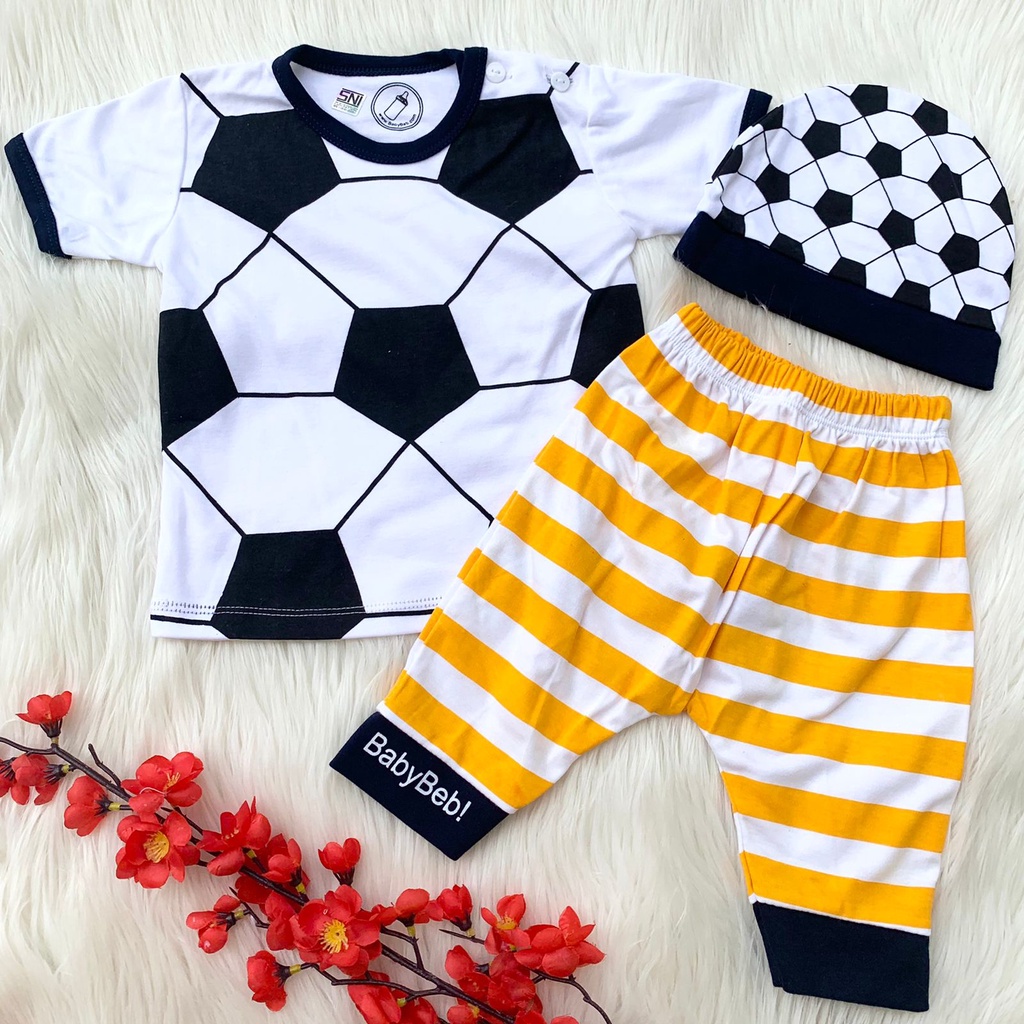 Baju setelan kaos celana topi motif bola lucu bestseller anak bayi cowok laki murah -bab