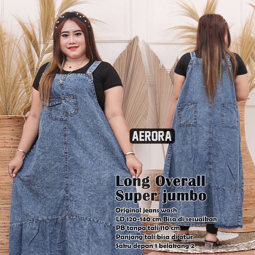 Baju Kodok Overall Dress Jeans Wanita Jumbo Motif Polos Ld 120-140 Long Overall Jumbo Allsize