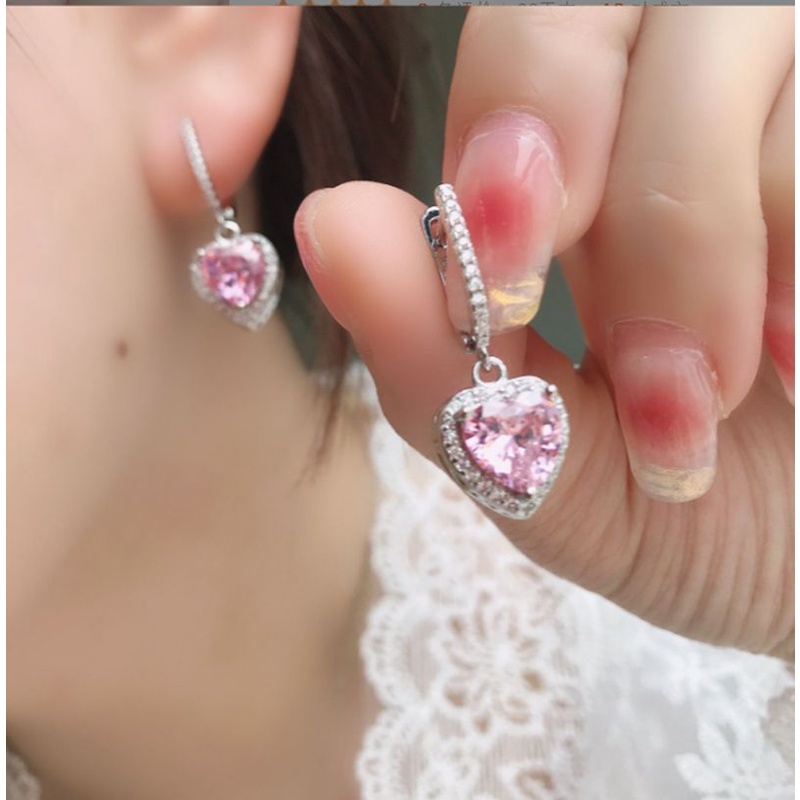 Barbie Anting 925 Silver Shiny Pink Cubic Zirconia Bentuk Hati Untuk Wanita